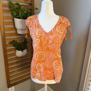 Anthropologie Orange Floral Paisley Blouse V Neck Top Small